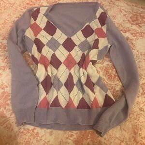Womens New York & Company Argyle V-Neck Sweater - Purple, Pink, and white